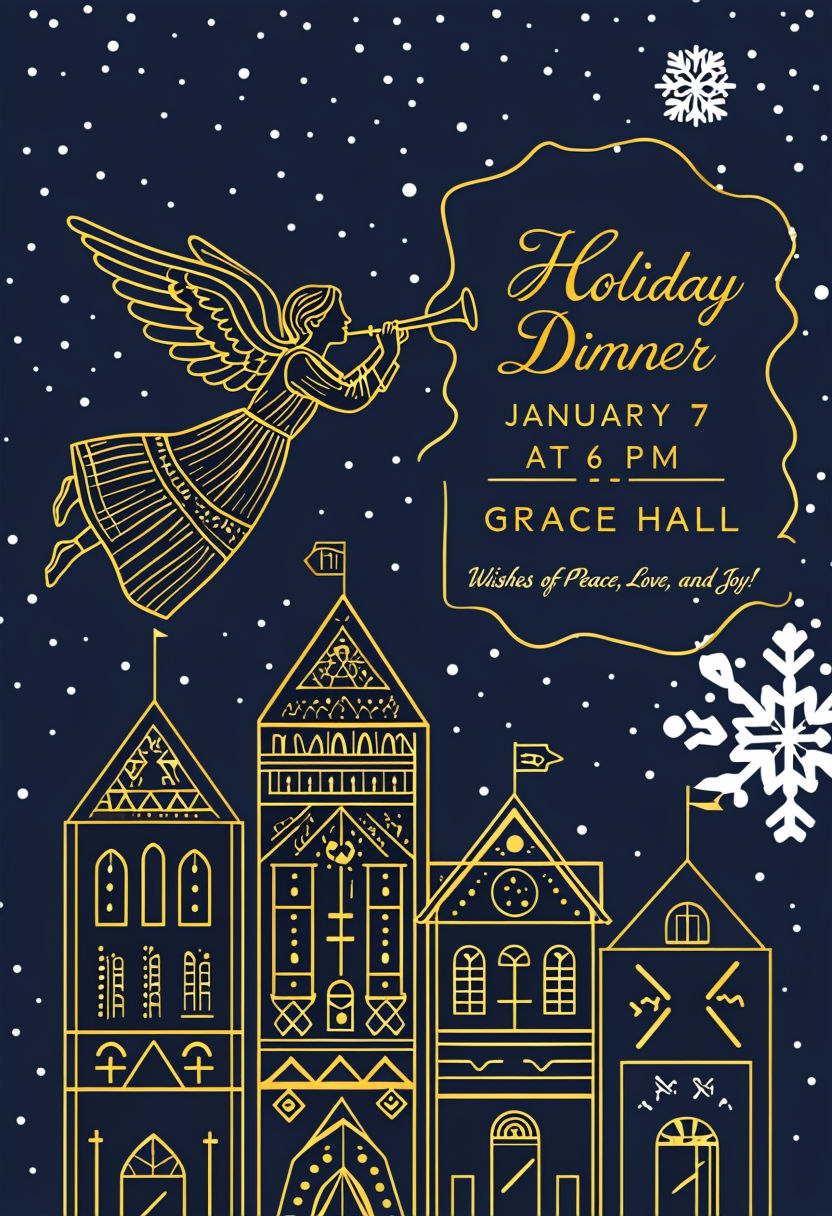 Festive Holiday Dinner Event Poster with Elegant Angel and Winter Elements