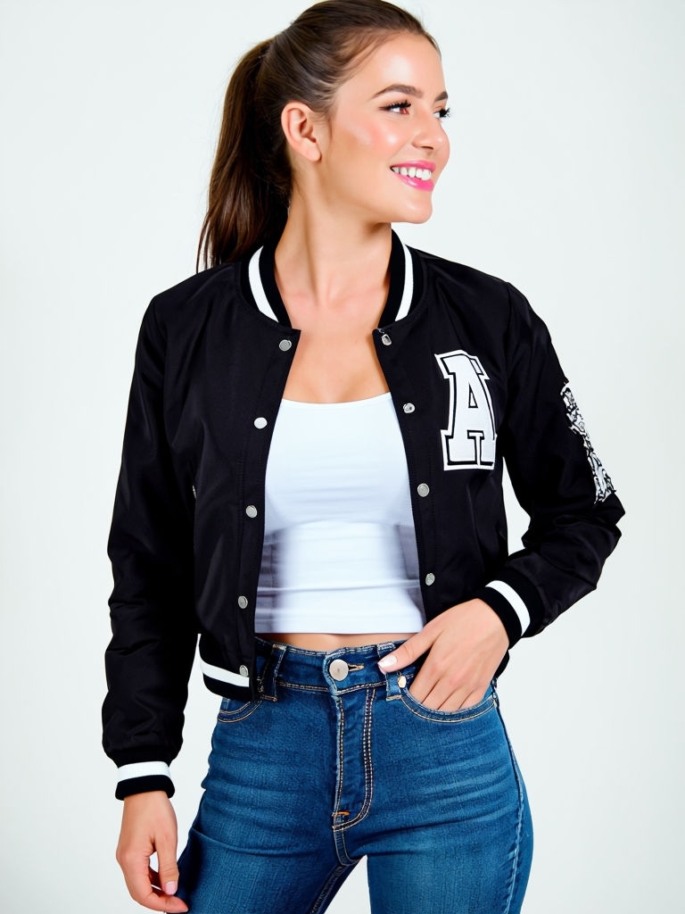 Stylish Woman in Black Crop Bomber Jacket Mockup