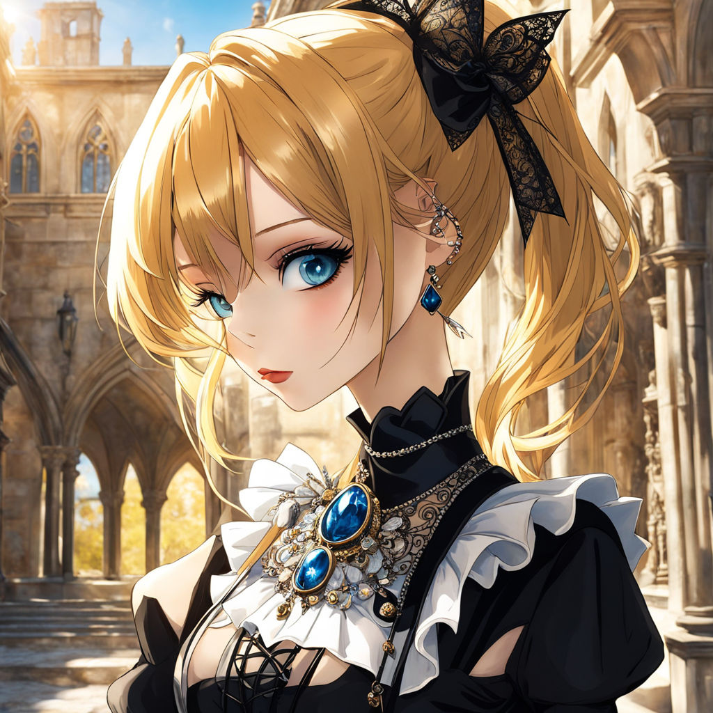 anime girl with huge breasts blond hair and blue eyes jewerly on her neck  and earrings beautiful portrait anime style kyoto animation