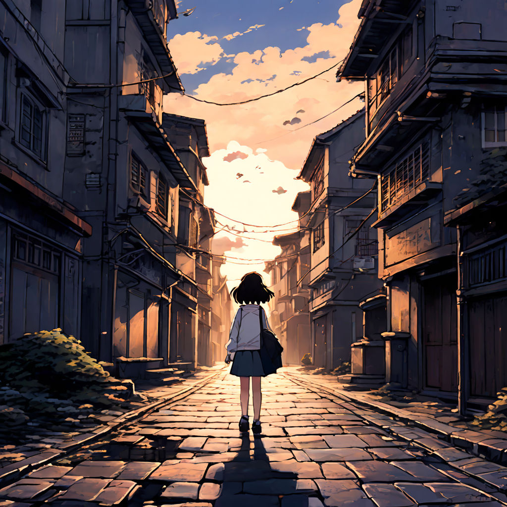 Create me abandon street with a lonely girl in studio ghibli... by ...