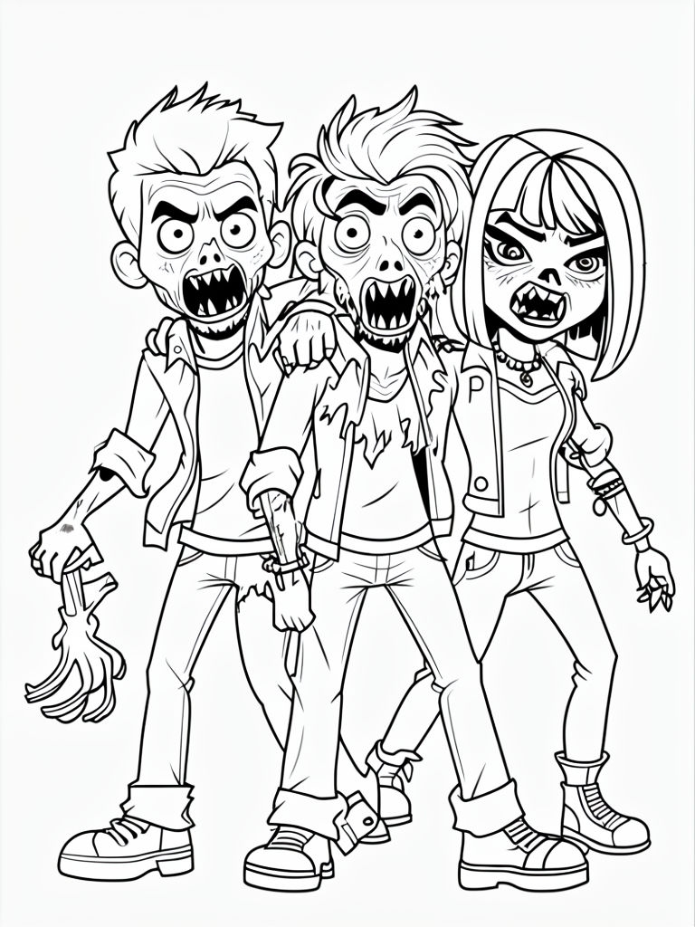 Cartoon Zombie Trio Fun Coloring Page for Creative Kids and Adults Coloring Book Pages