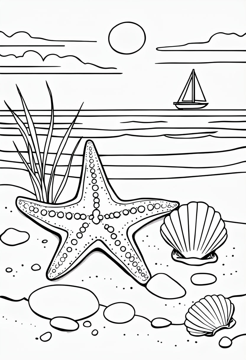 Serene Beach Scene with Starfish and Seashells Coloring Page