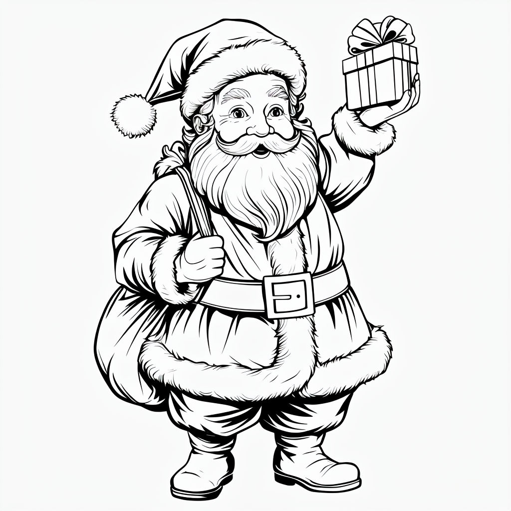 Joyful Santa Claus Black and White Line Drawing for Kids Coloring Book Pages