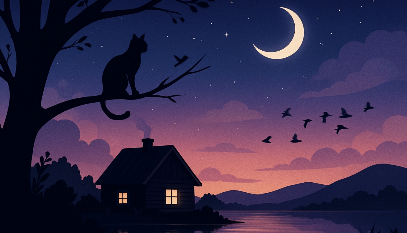 Tranquil Evening Landscape with Moon and Cat Virtual Background