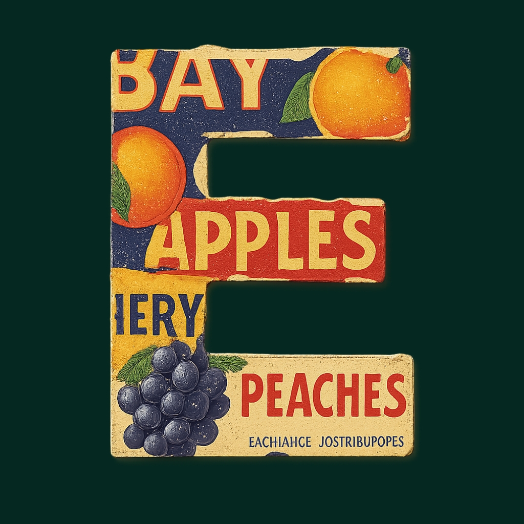 Vintage Fruit Signage with Letter E Design and Retro Aesthetic Monogram