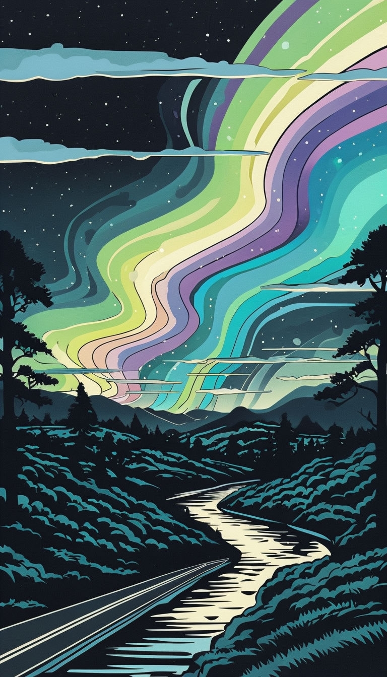 Mystical Retro Night Landscape with Aurora Borealis Mobile Wallpaper