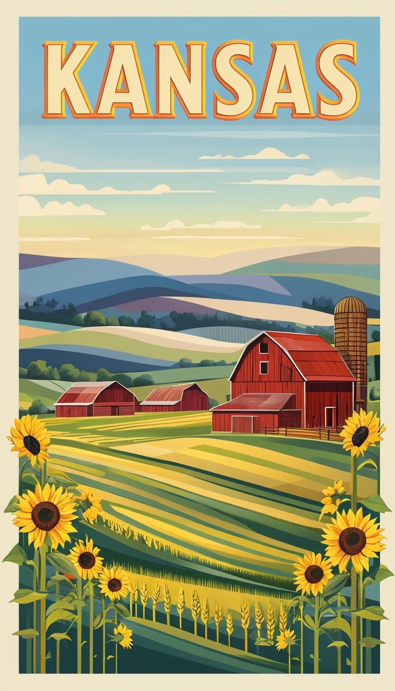 Vibrant Kansas Countryside Retro Travel Poster Illustration