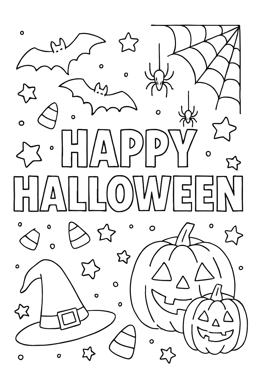 Festive Halloween Coloring Page with Bats, Pumpkins, and Spiders Coloring Book Pages