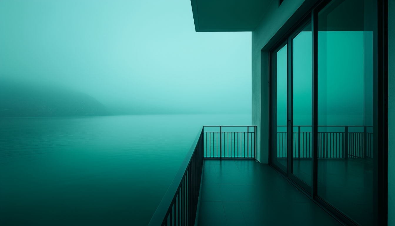 Serene Minimalist Balcony View Over Foggy Water Virtual Background