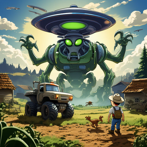 Cartoon farmer vs aliens 4 by Misael Donaires - Playground