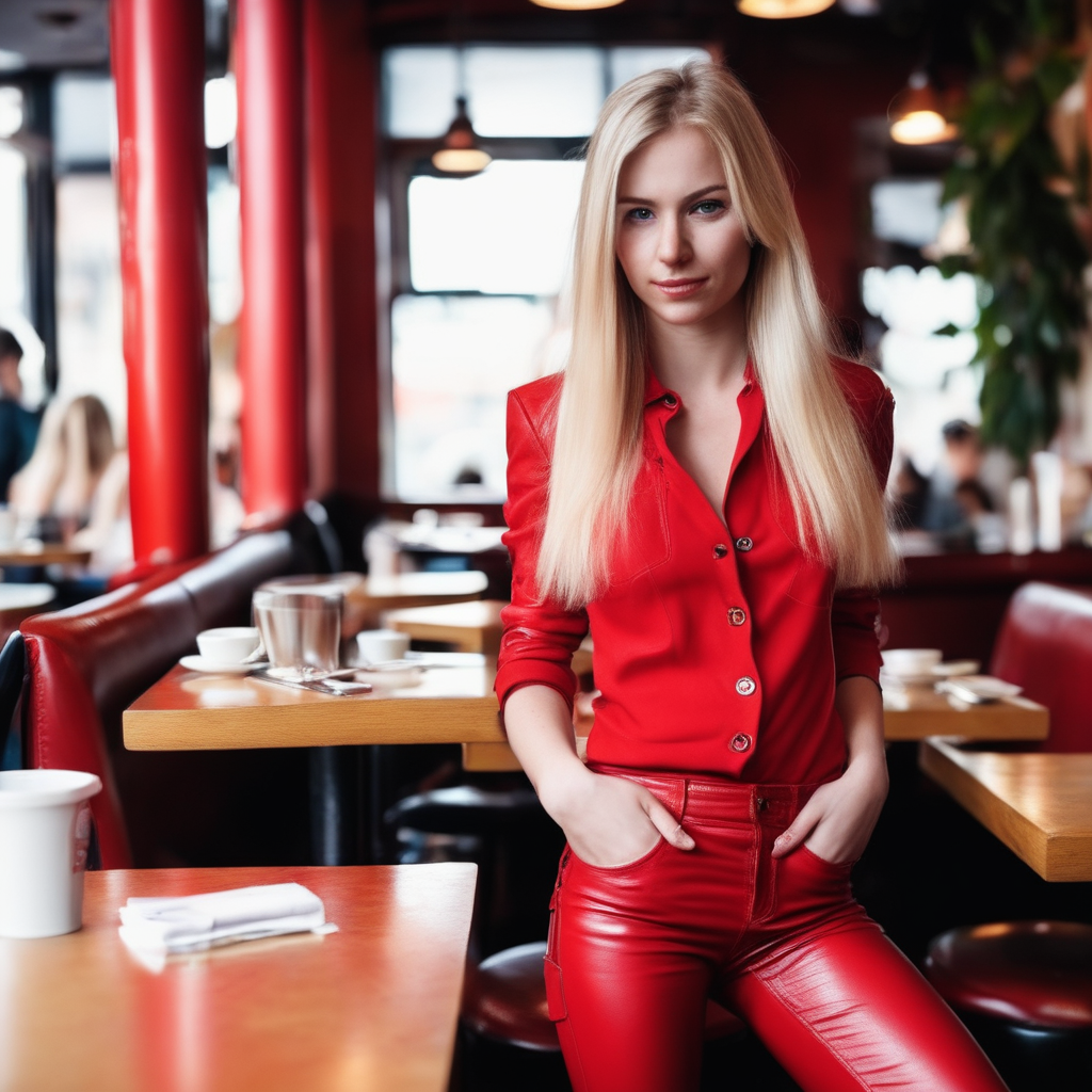 Blonde Girl Wearing Red Leather Pants In Cafe By Flightpath Flix