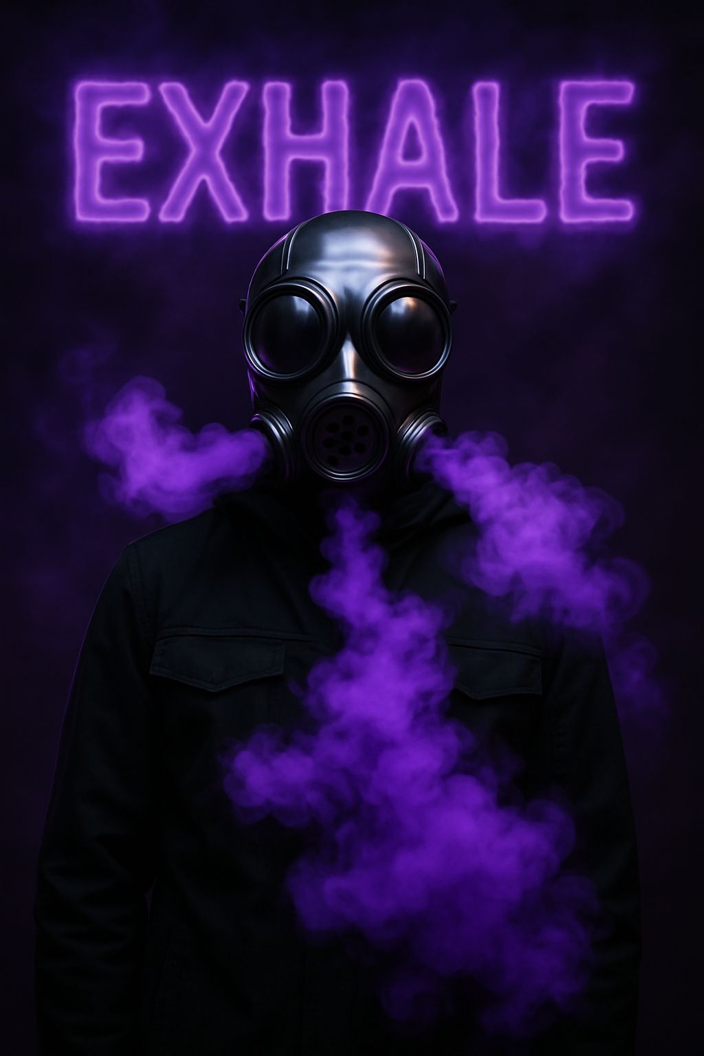 Ominous Dark Gas Mask EXHALE with Neon Purple Smoke Poster