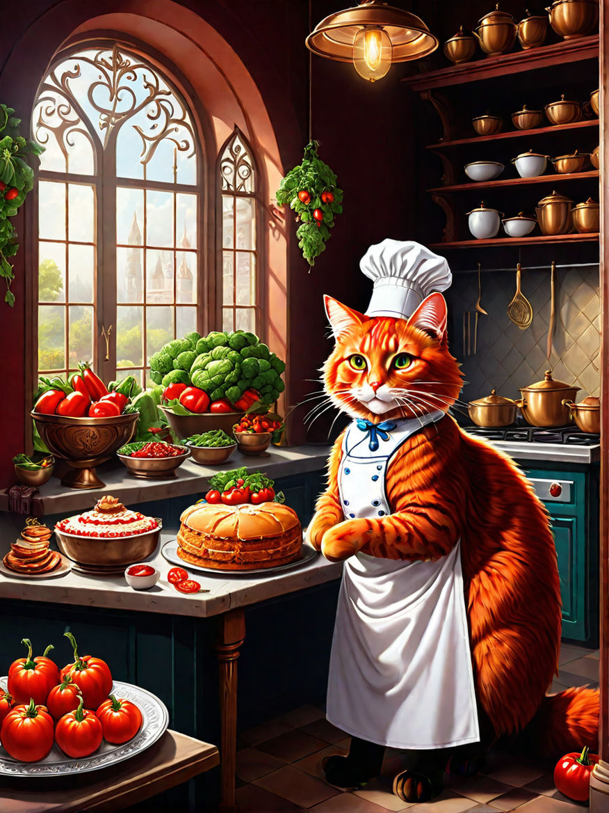Prompt:  a kitchen of a magic academy with a huge window and a lot of light  a big red cat in a cook's hat near a table with a lot of vegetables, cakes and fried chicken  detailed, high detail, intricate, filigree, regency, detailed background