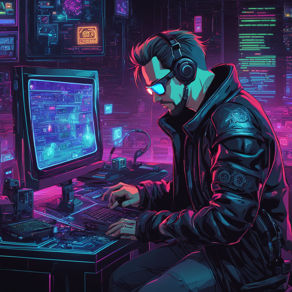 Cyberpunk neon anime style. a hacker-shop where you can buy ... by Гліб ...