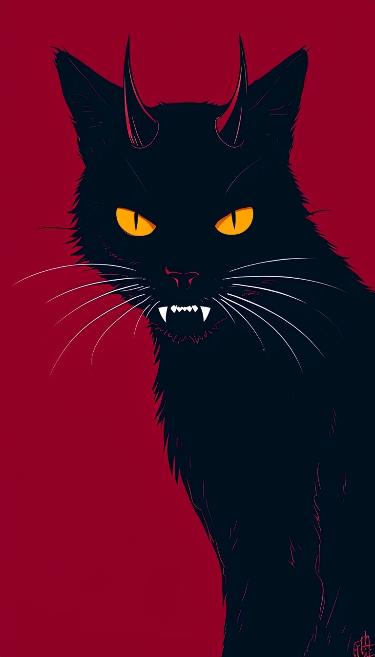 Demonic Cat Illustration Against Crimson Background Phone Case Cover