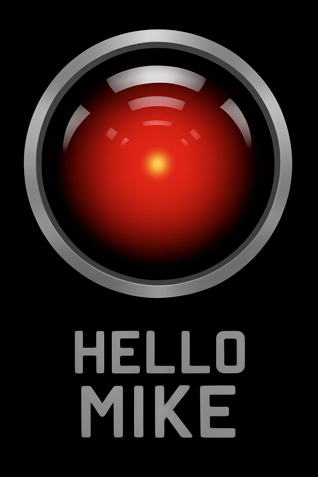 Futuristic Red Eye Illustration with 'Hello Mike' Text Card