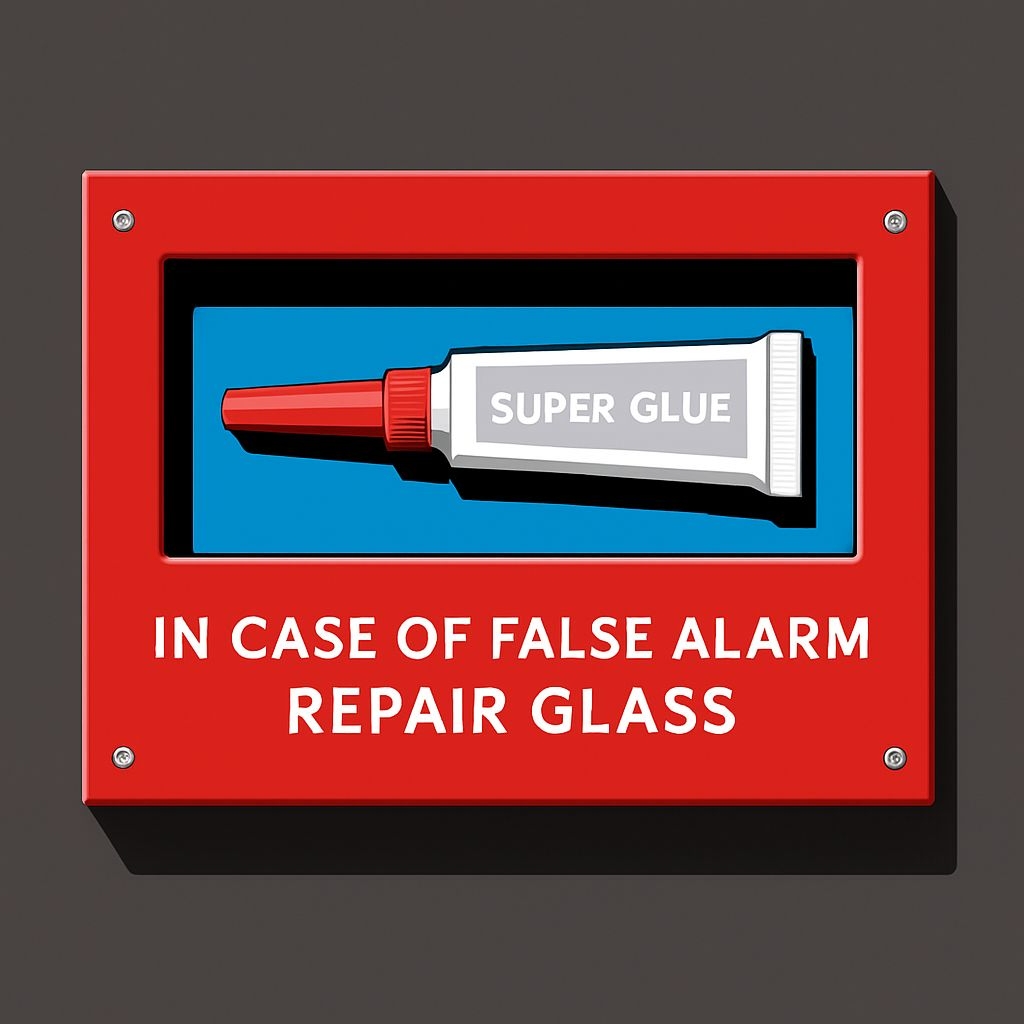 Humorous Emergency Plaque Illustration Featuring Super Glue Art
