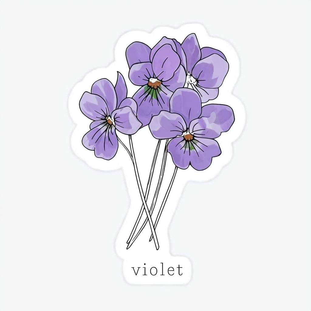 Stylized Violet Flower Line Art Sticker with Elegant Typography