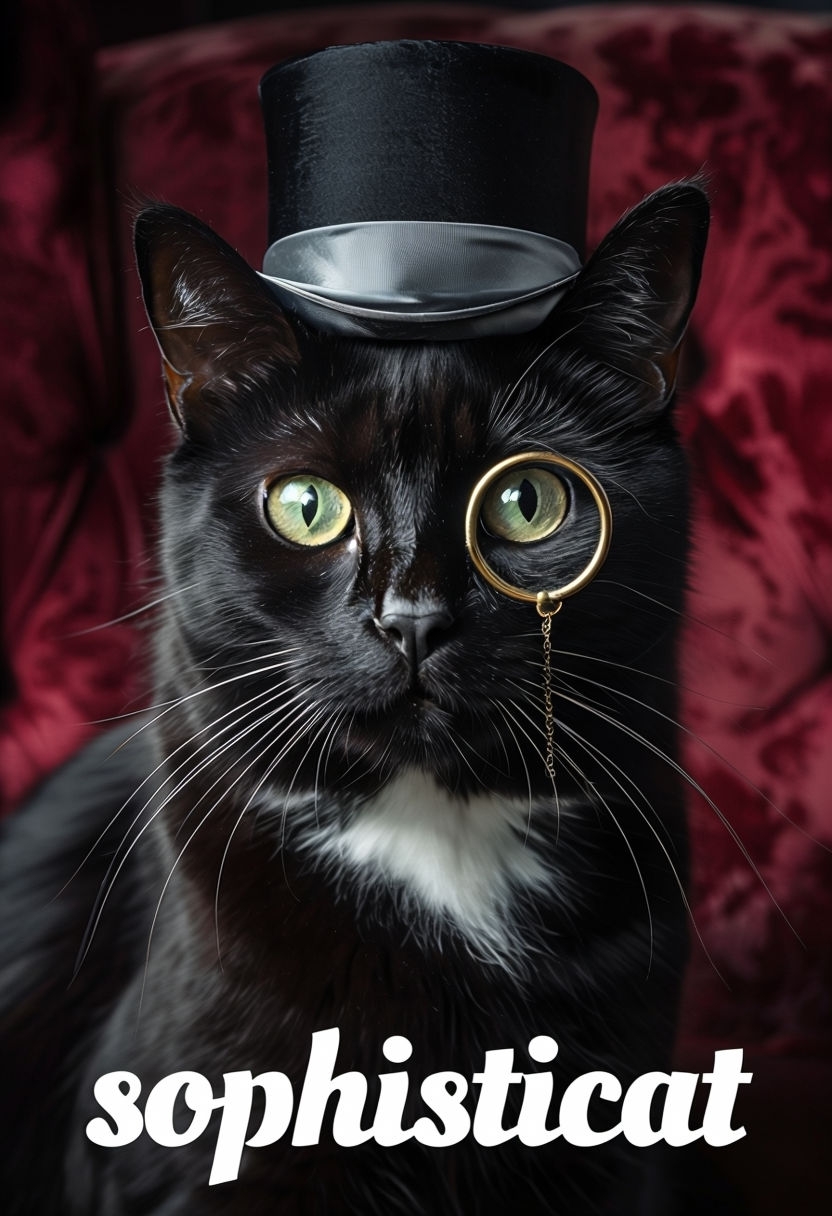 Elegant Black Cat in Top Hat with Monocle Portrait Poster