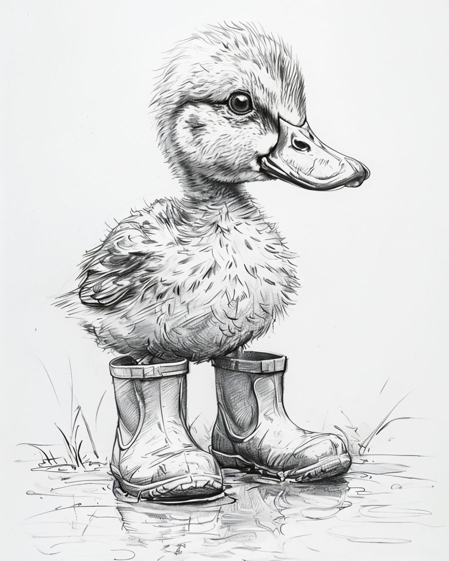 Adorable Duckling in Rubber Boots Whimsical Pencil Sketch Art