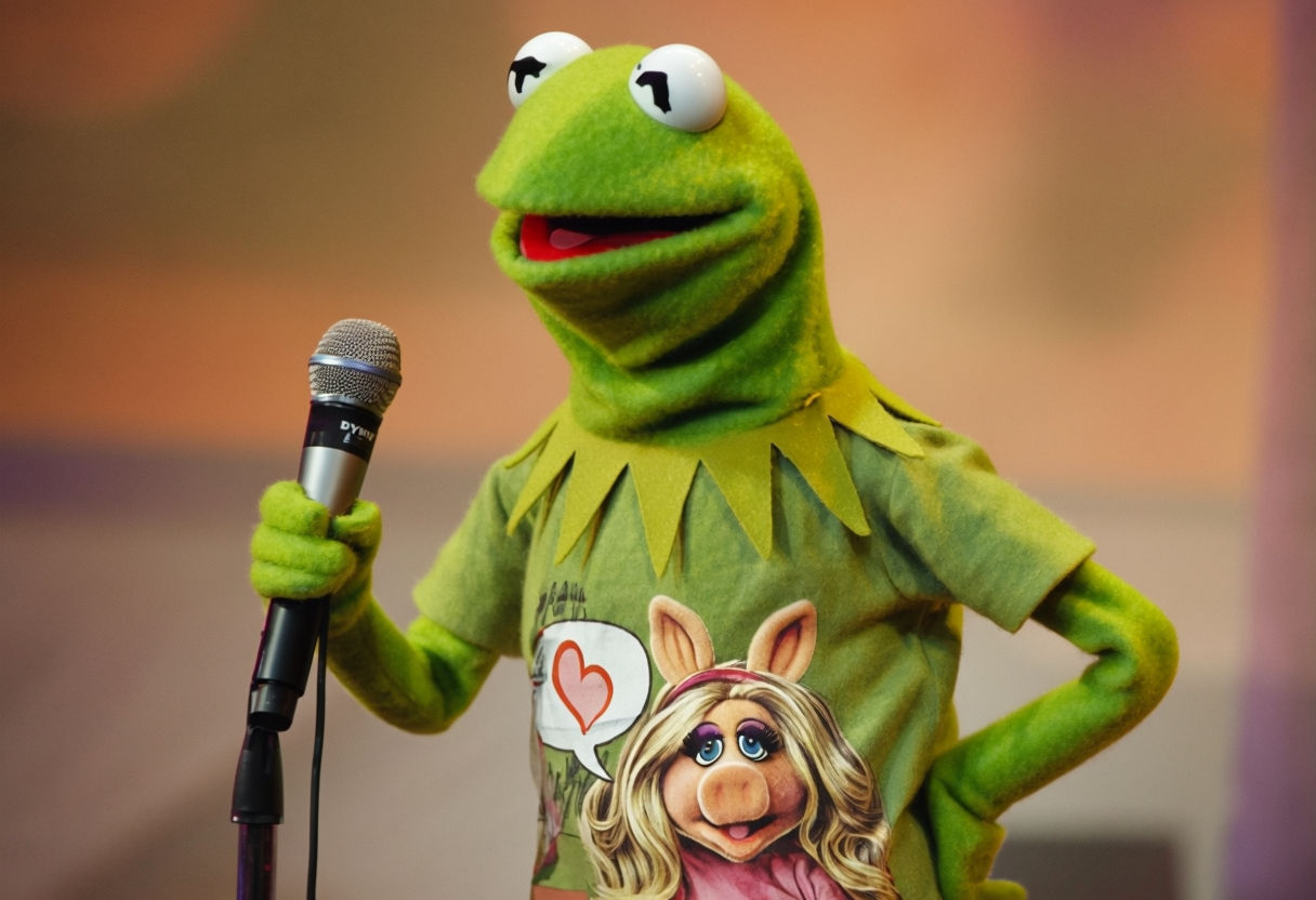 Vibrant Kermit the Frog on Stage with Miss Piggy Graphic T-Shirt