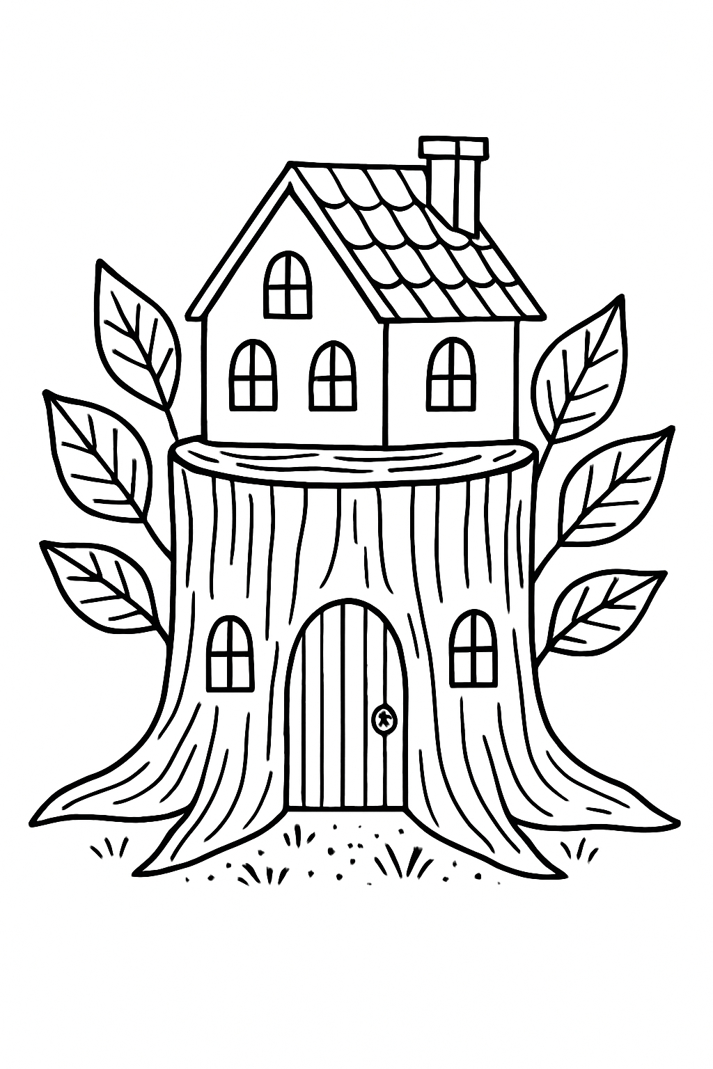 Whimsical Tree Stump House Fantasy Illustration Coloring Book Pages