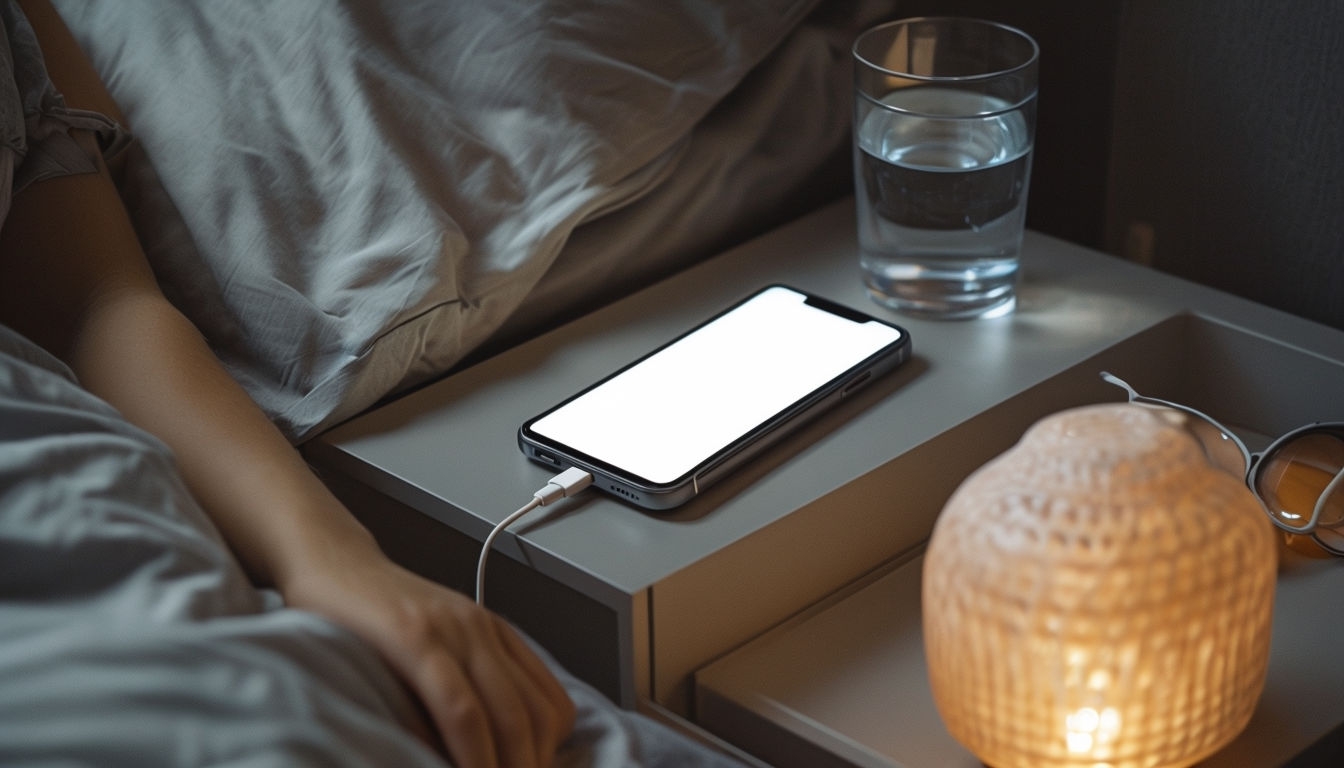 Cozy Nighttime Overhead Shot of Smartphone and Bedside Table Mockup