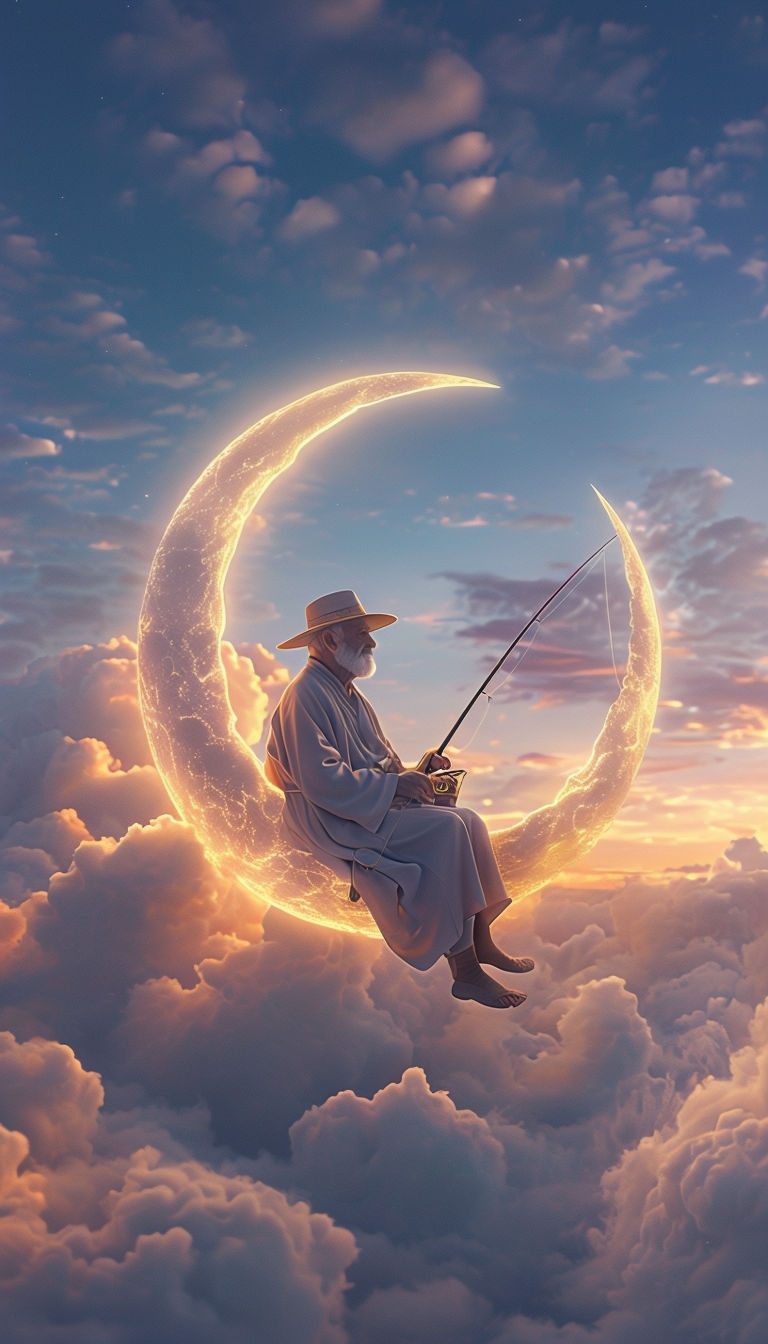 Dreamlike Elderly Man Fishing on Crescent Moon Art