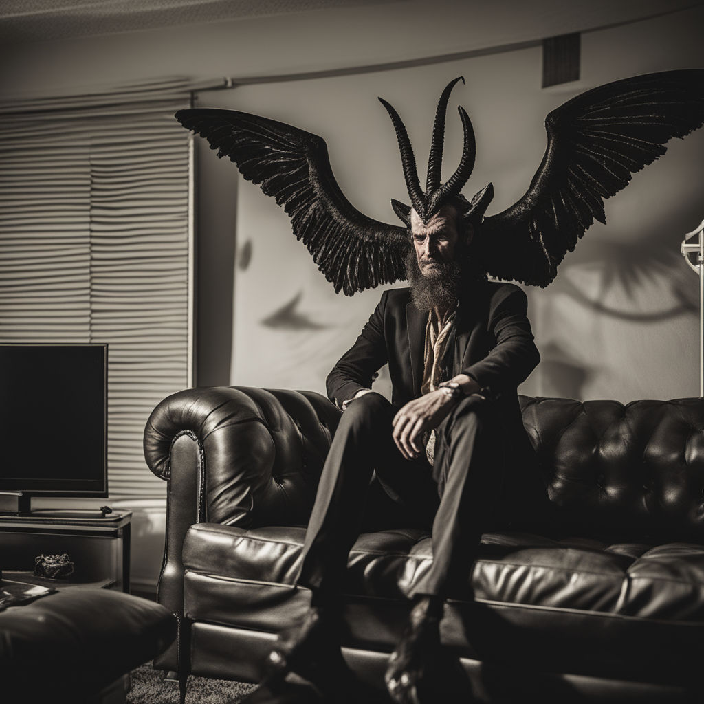 Portrait of the dark deity Baphomet with wings forcing a man... by ...