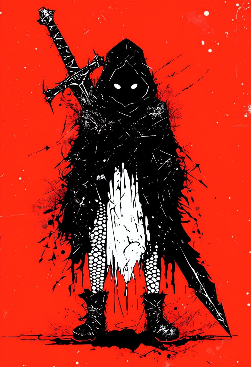 Striking Black and White Cloaked Figure on Red Background Mobile Wallpaper