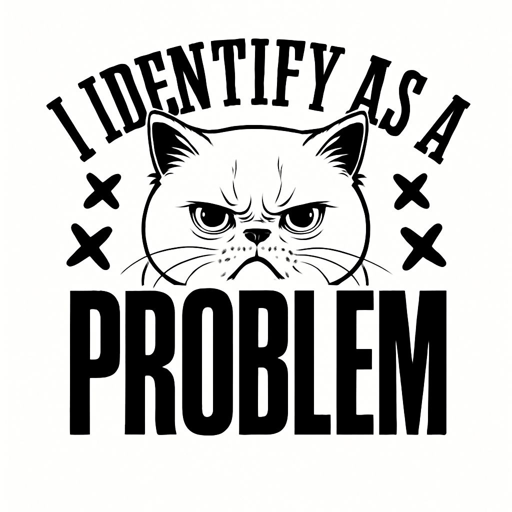 Angry Cat Face Illustration with 'I Identify as a Problem' Sticker