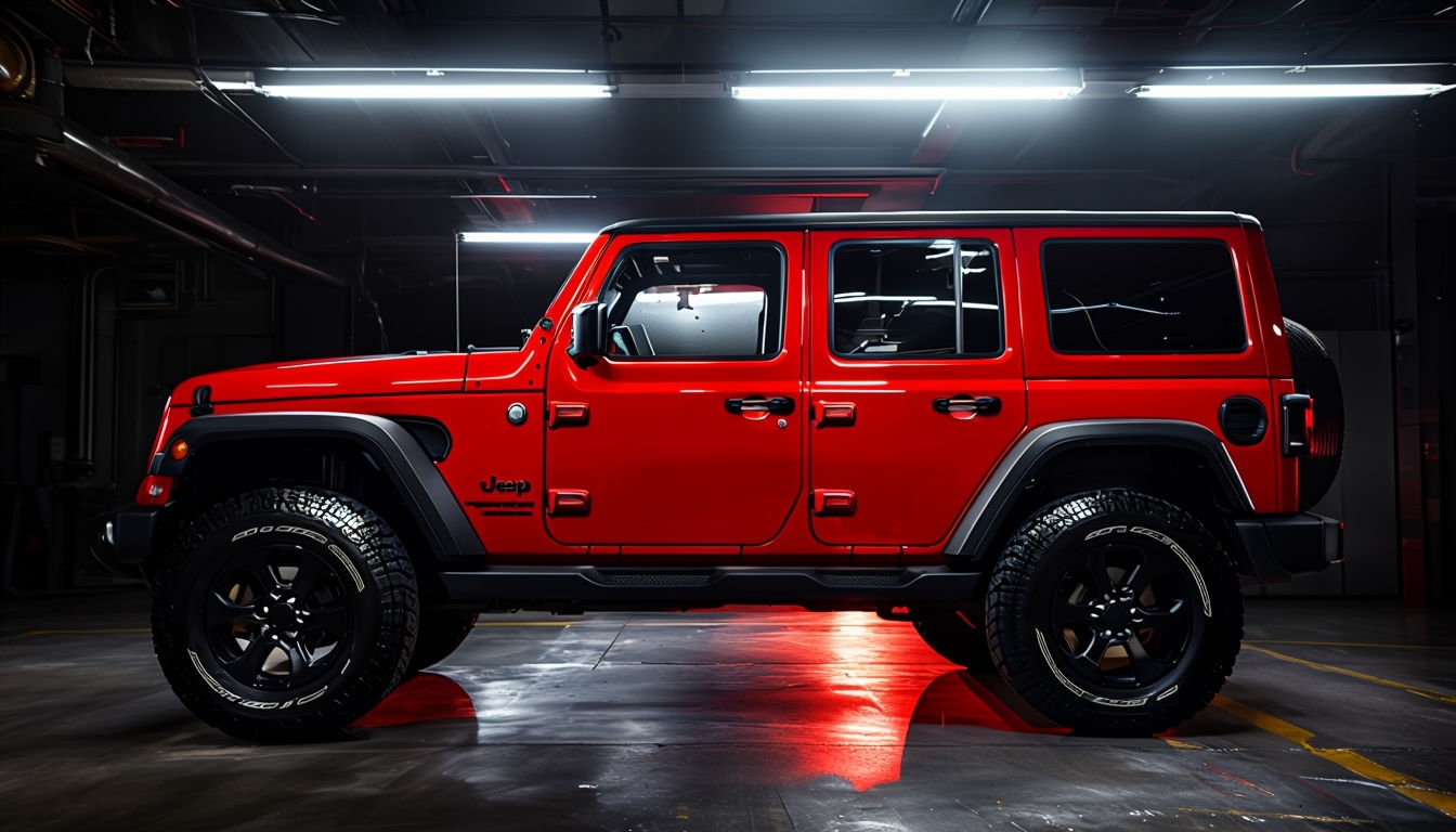 Vibrant Red Jeep Wrangler in Industrial Garage Virtual Background
