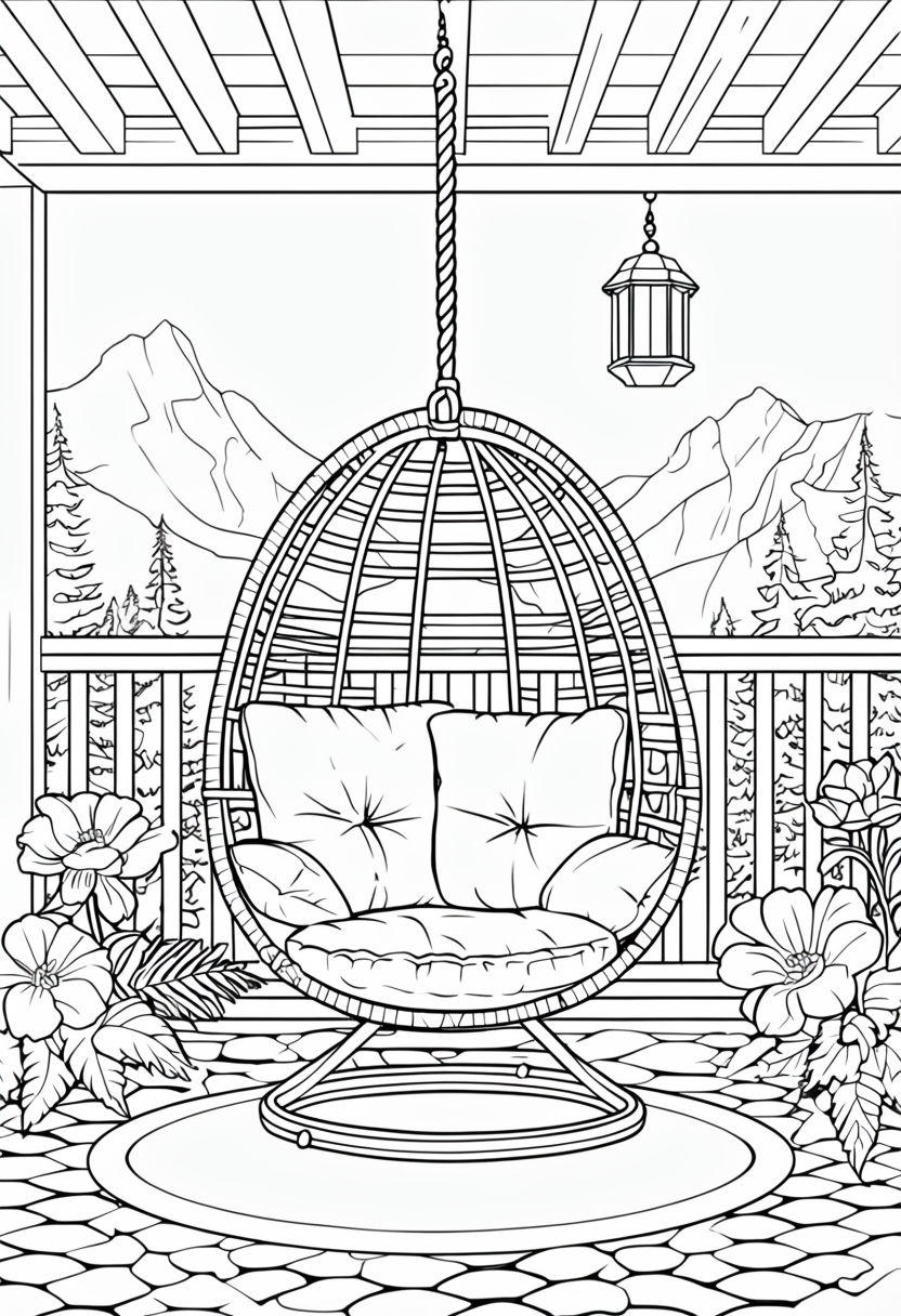 Serene Outdoor Scene with Modern Hanging Chair Coloring Page