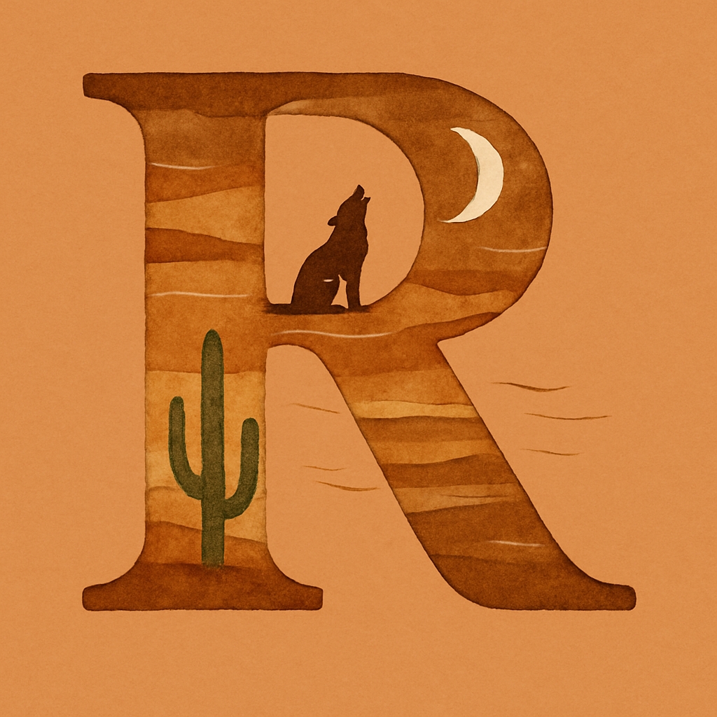Desert-Inspired Letter R with Howling Wolf and Cactus Monogram