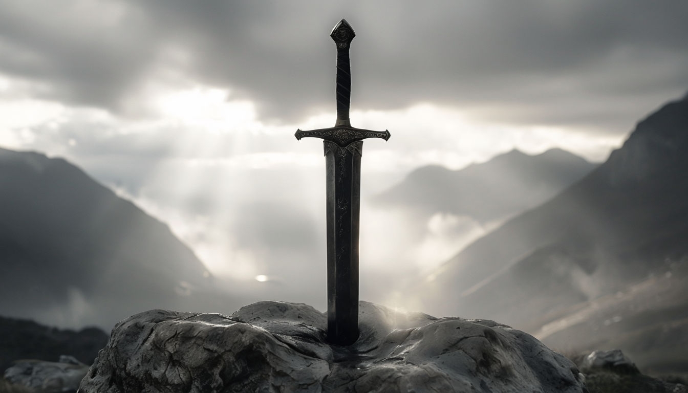 Majestic Sword Embedded in Rock Against Overcast Sky Background
