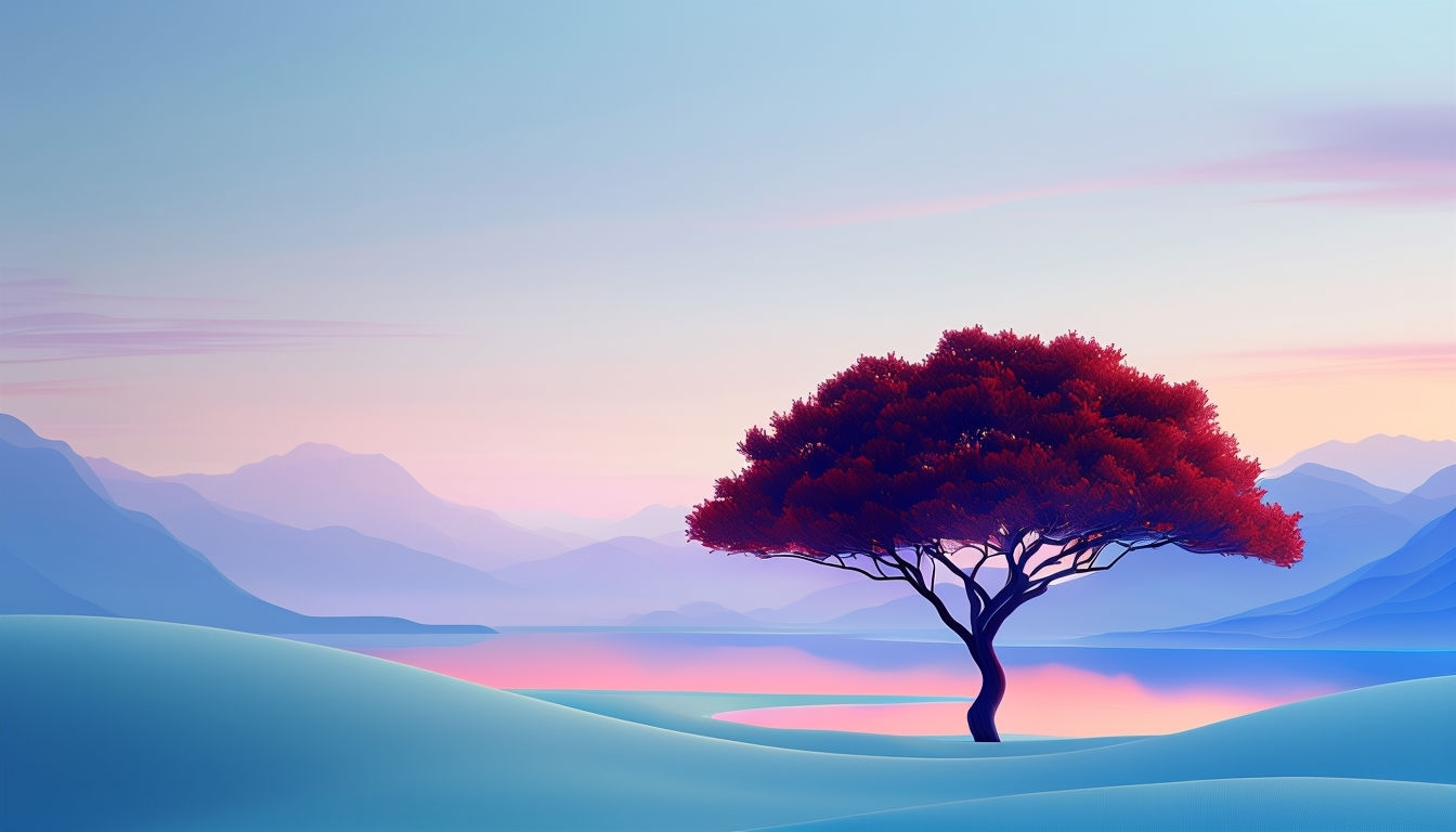 Serene Red Foliage Tree Landscape Digital Background Art