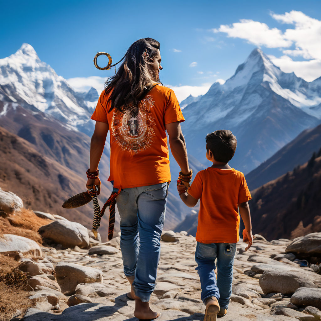 AI image of Lord Shiva walking in Himalaya with a boy holdi... by ...