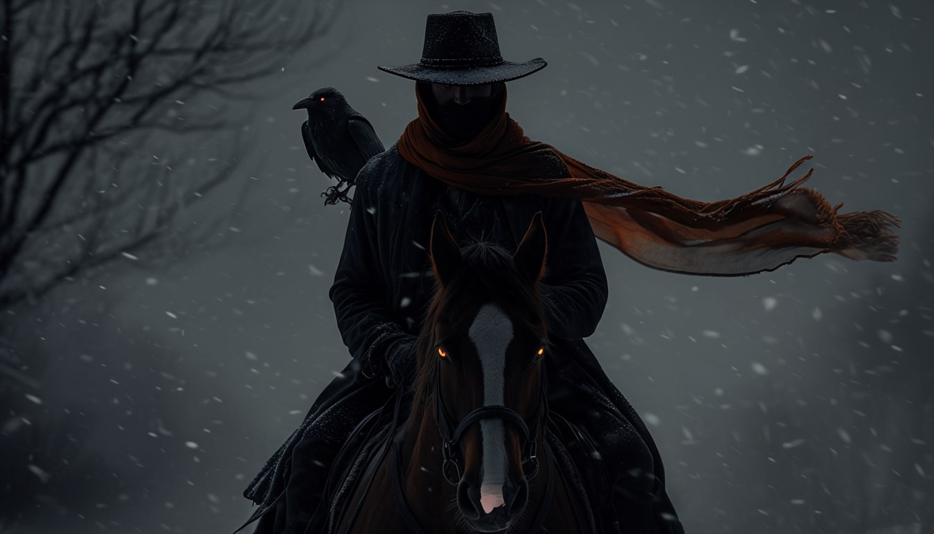 Mysterious Lone Rider on Horseback Nighttime Scene Background