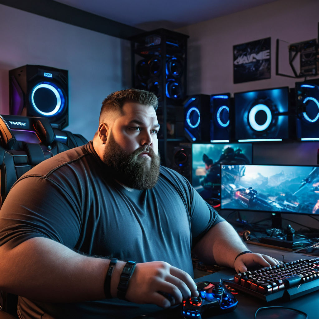 a fat man playing in his gaming computer