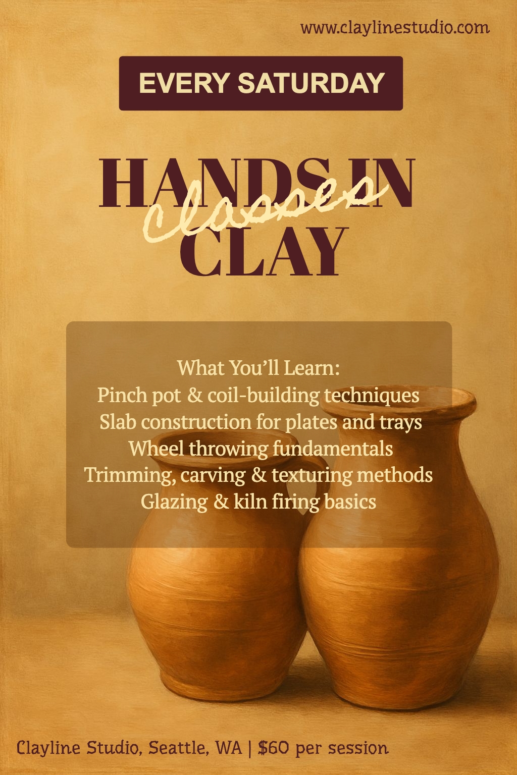 Hands in Clay Classes Promotional Poster for Clayline Studio Flyer