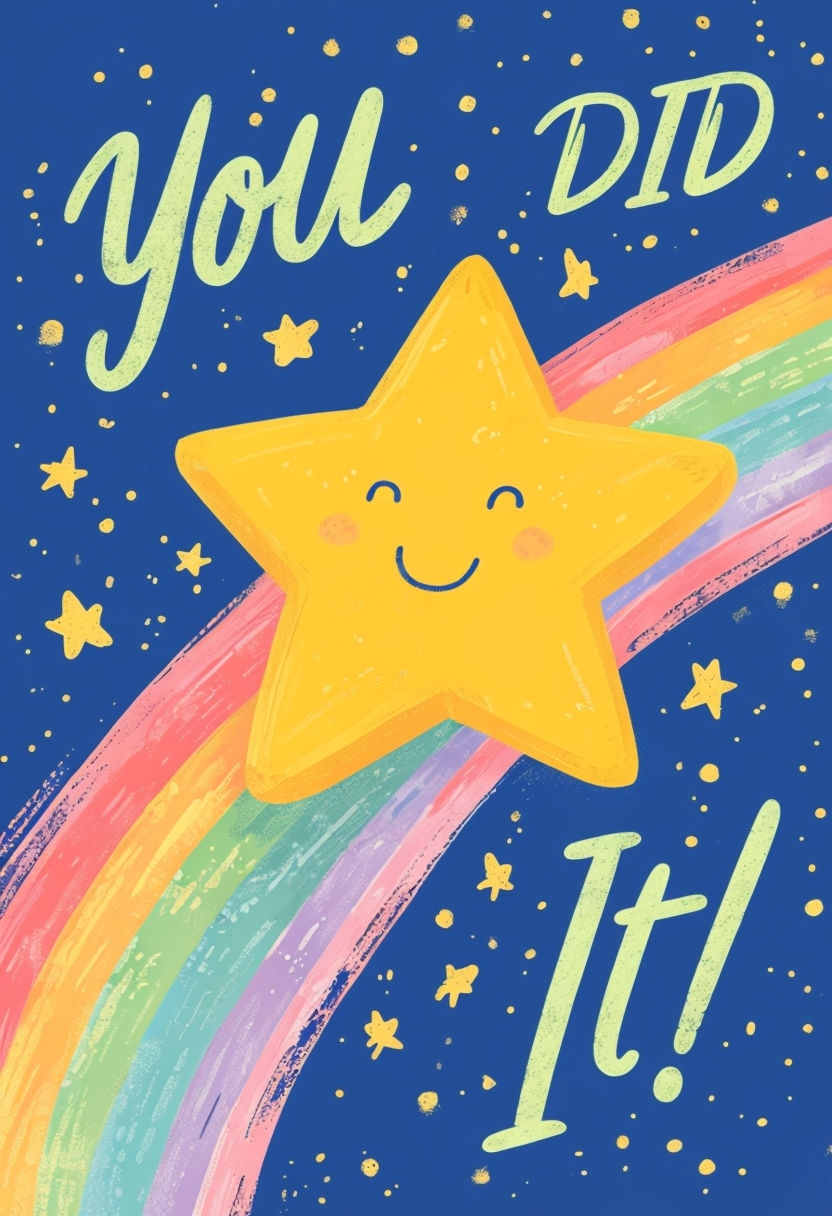 Cheerful Cartoon Star with Rainbow Trail and Motivational Text Poster