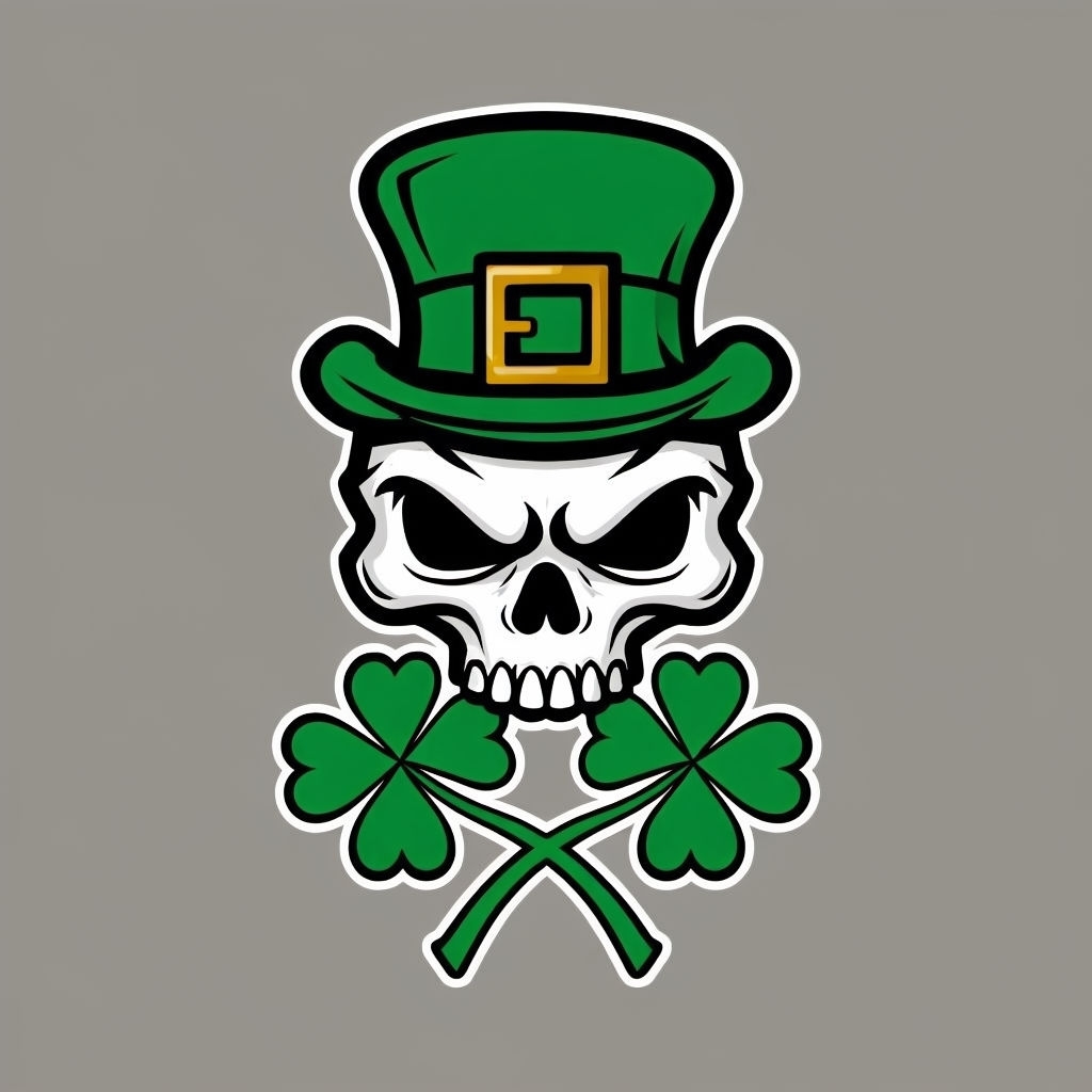 Stylized Skull with Leprechaun Hat and Shamrocks T-Shirt