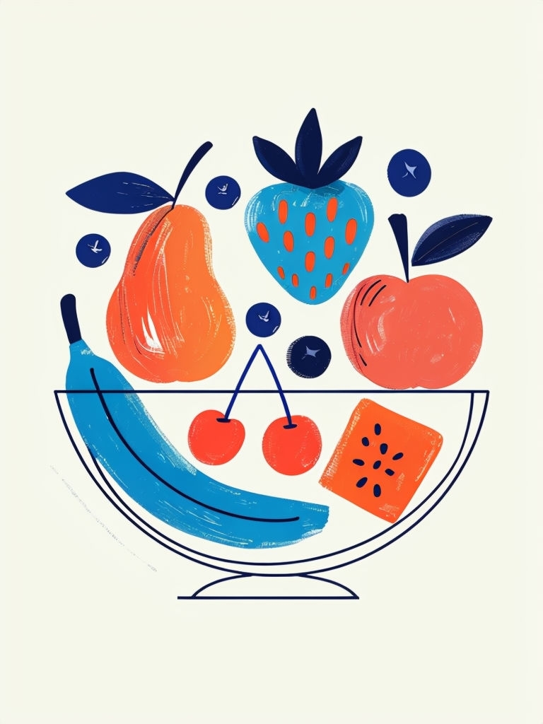 Vibrant Minimalist Fruit Bowl Abstract Illustration Art