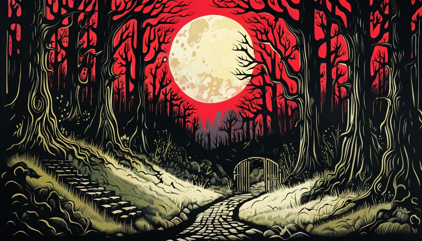 Eerie Woodcut Forest Scene with Crimson Sky Virtual Background