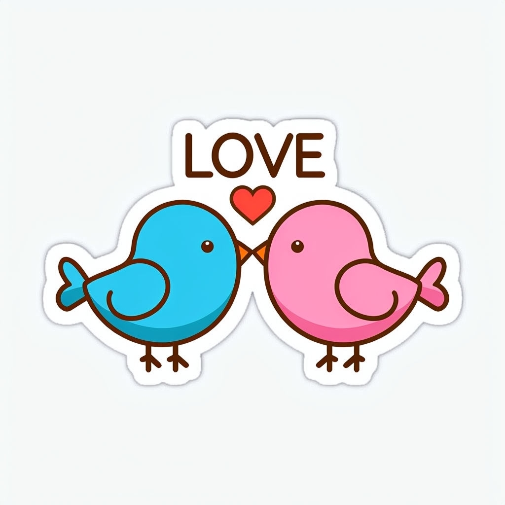 Cute Cartoon Love Birds Kissing with Heart Sticker