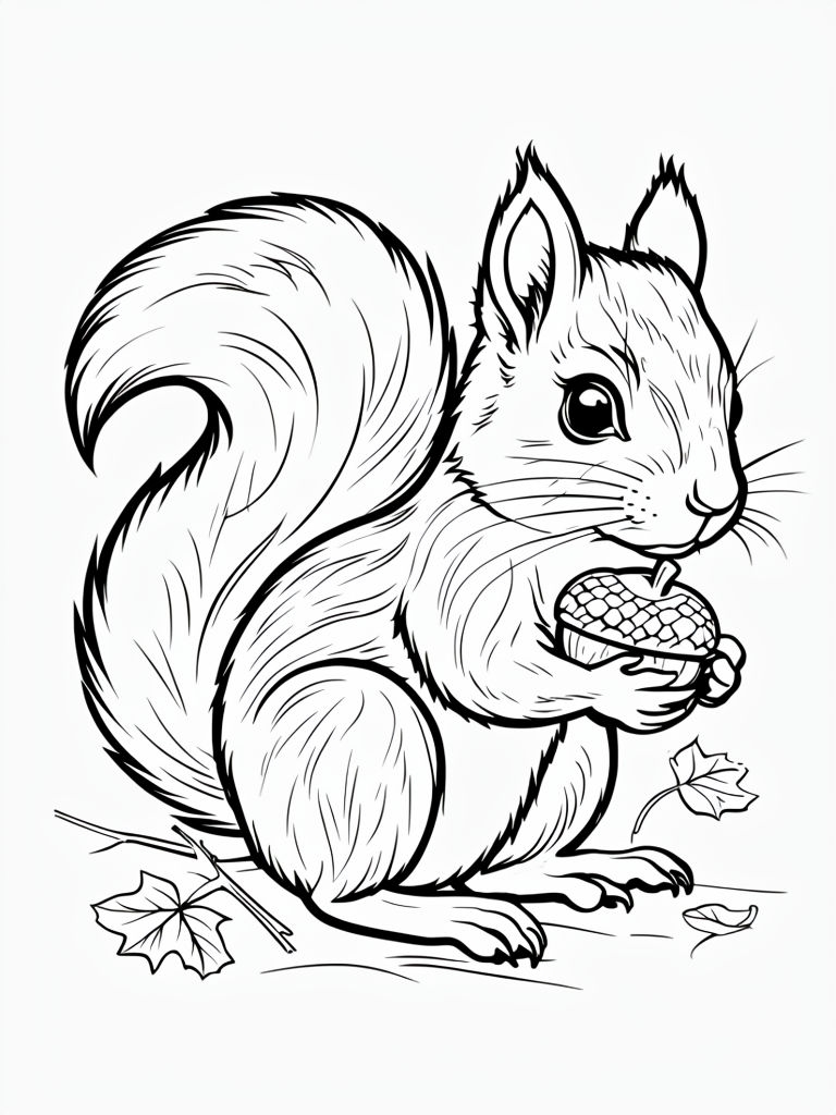 Playful Squirrel Holding Acorn Coloring Page Design