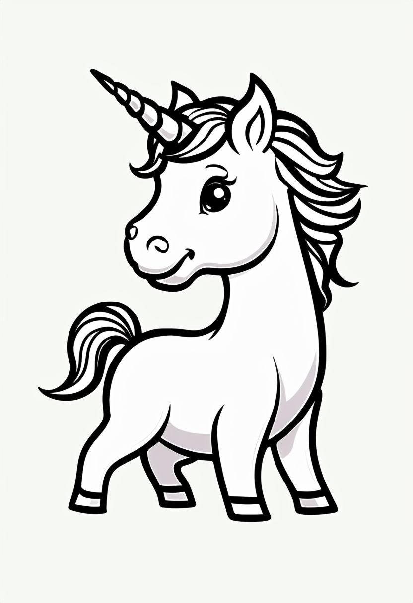 Whimsical Black Line Art Unicorn Illustration for Coloring Book Pages