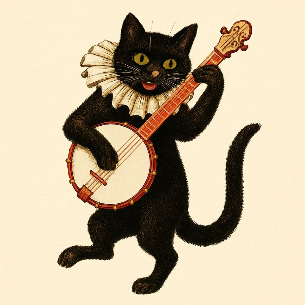 Whimsical Black Cat Playing Banjo Vintage Illustration Sticker