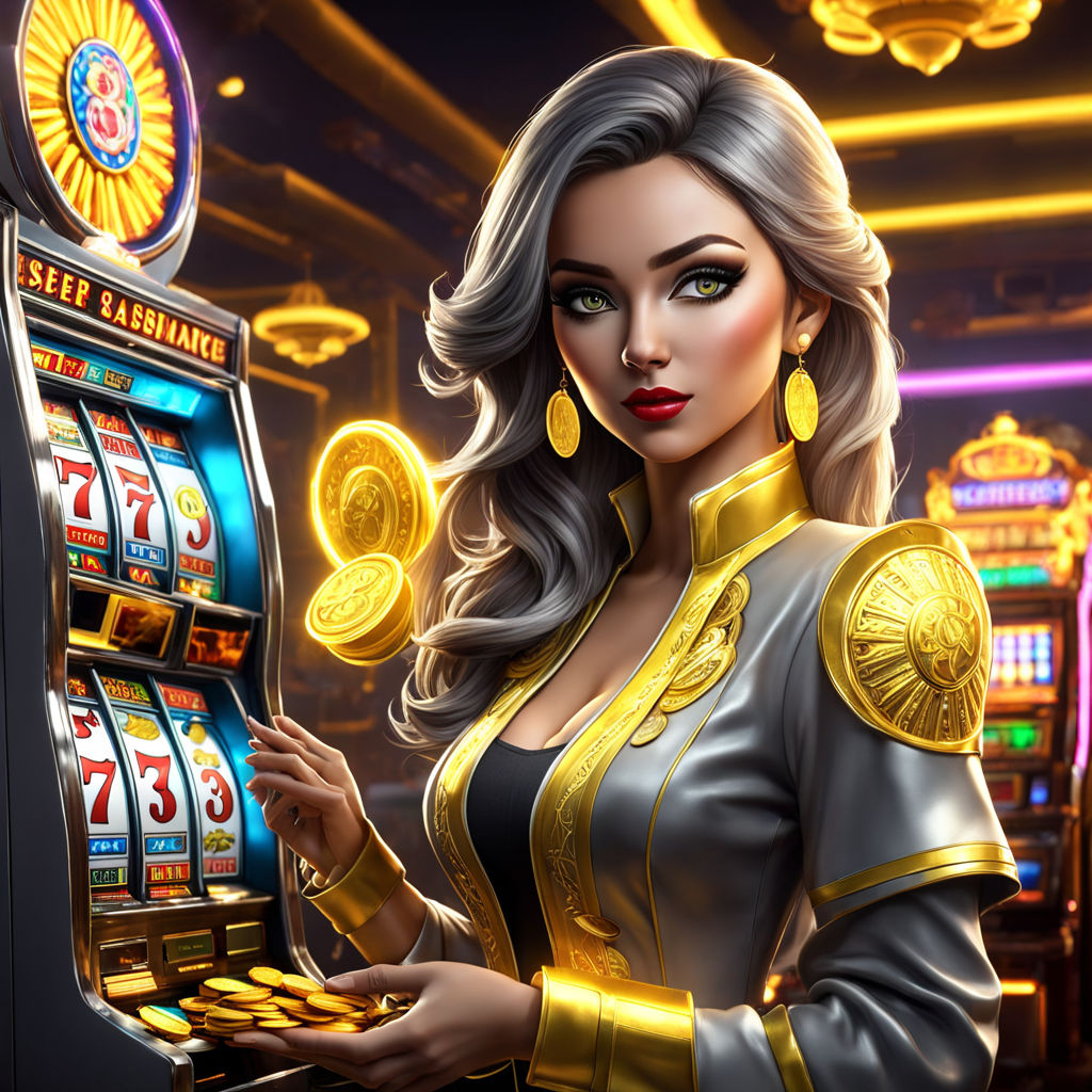 Ultra realistic 3d digital render of a woman, slot character based, standing confidently, clutching golden coins in her hands, set against the vivid backdrop of a slot machine in grayscale, highlighted with streaks of neon yellow and white, magical smoke swirling around her, stunning 4k resolution, seamless balance between shadow and light, smooth gradients, detailed texture on the characters and the slot machine, deeply immersive ambiance, futuristic