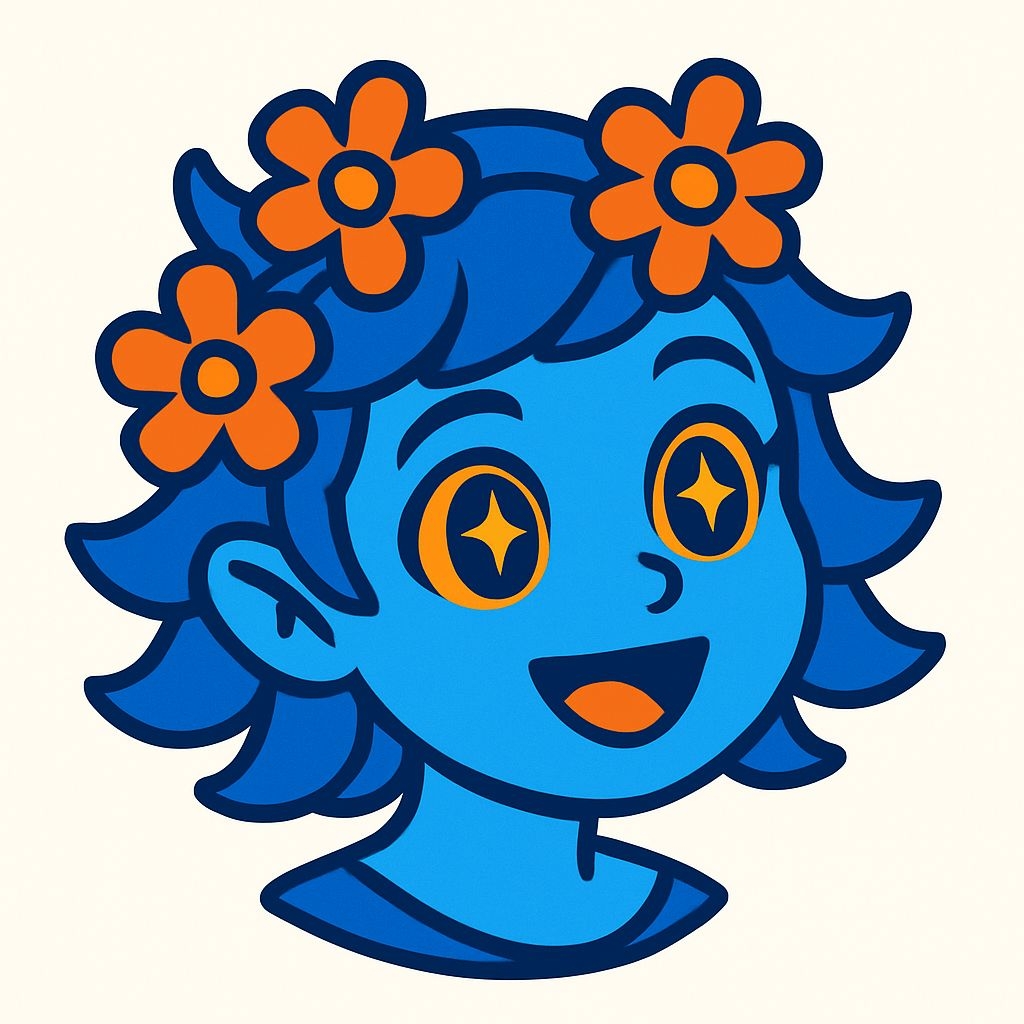 Vibrant Cartoon Character Face with Flowers and Stars Sticker